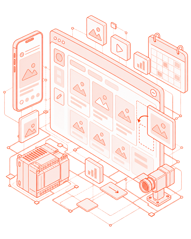 Ilustração de uma grade de publicações organizadas ao lado de um smartphone e um calendário