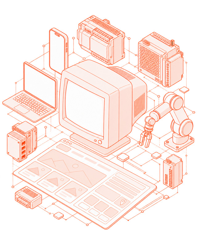 Ilustração de um monitor antigo cercado por equipamentos industriais modernos