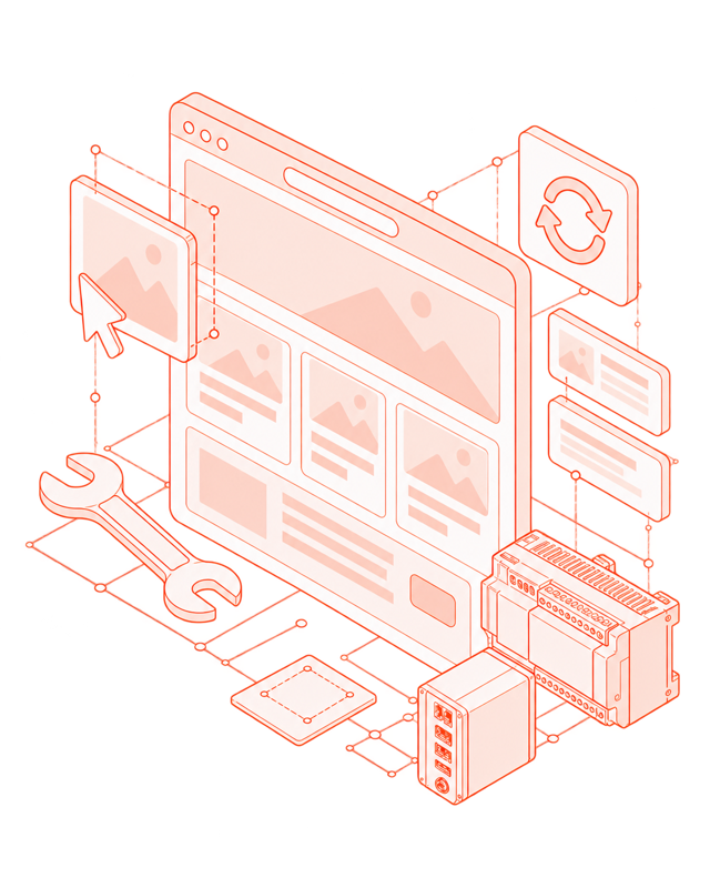 Ilustração de um site recebendo manutenção e atualização de conteúdo